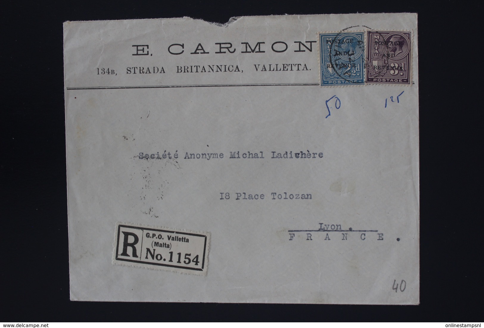 Malta Registered Cover  GPO Valletta To Lyon France  1932  SG 181 - 182 - Malta