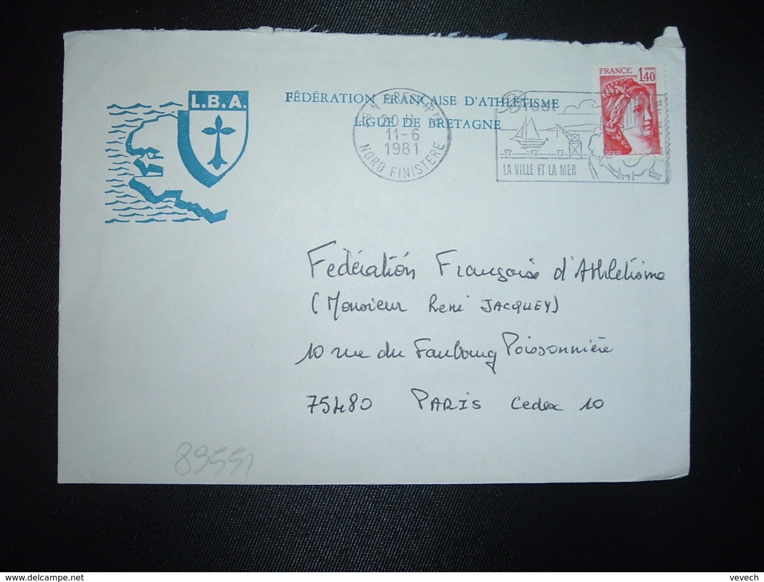 LETTRE TP SABINE 1,40 ROUGE OBL.MEC.11-6 1981 29 N BREST PPAL NORD FINISTERE + L.B.A. FEDERATION FRANCAISE D'ATHLETISME - Autres & Non Classés