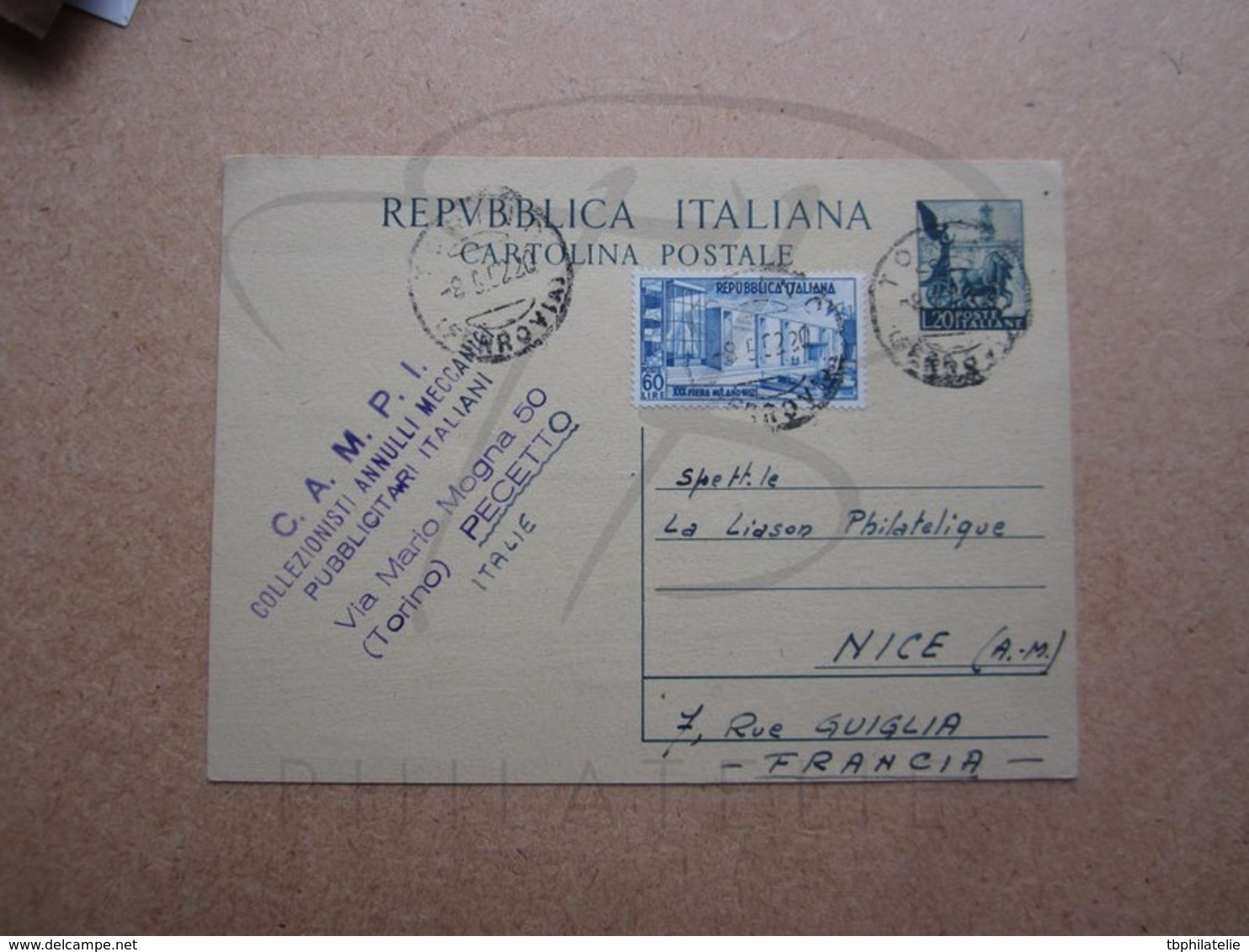 VEND TIMBRE ENTIER POSTAL D ' ITALIE DE 1952 + CACHET " C.A.M.P.I. " !!! - Ganzsachen