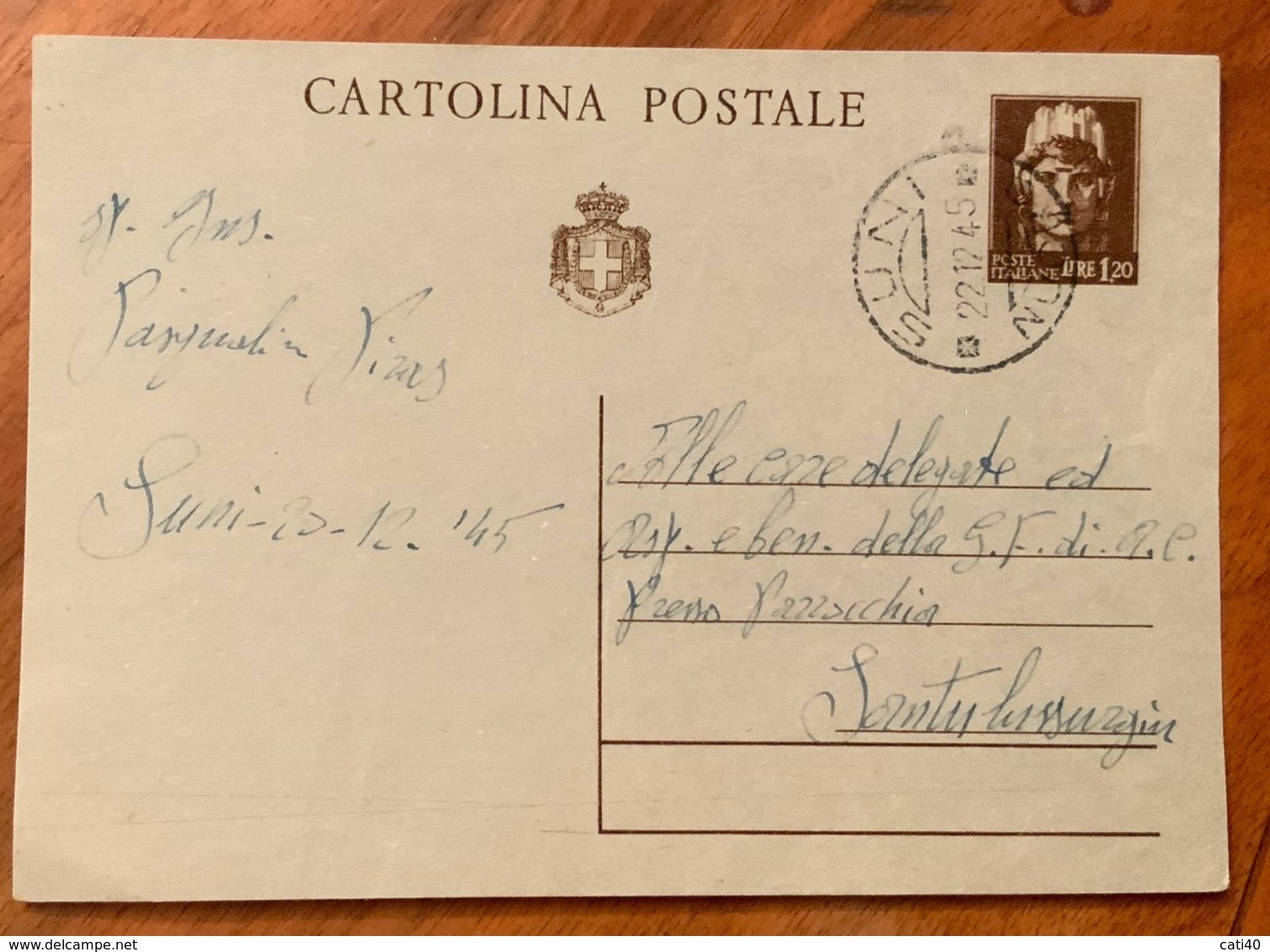 SUNI * NUORO * 22/12/45  Su INTERO POSTALE L.1,20  SENZA FRANCOBOLLI AGGIUNTI PER SANTULUSSURGIU - Storia Postale