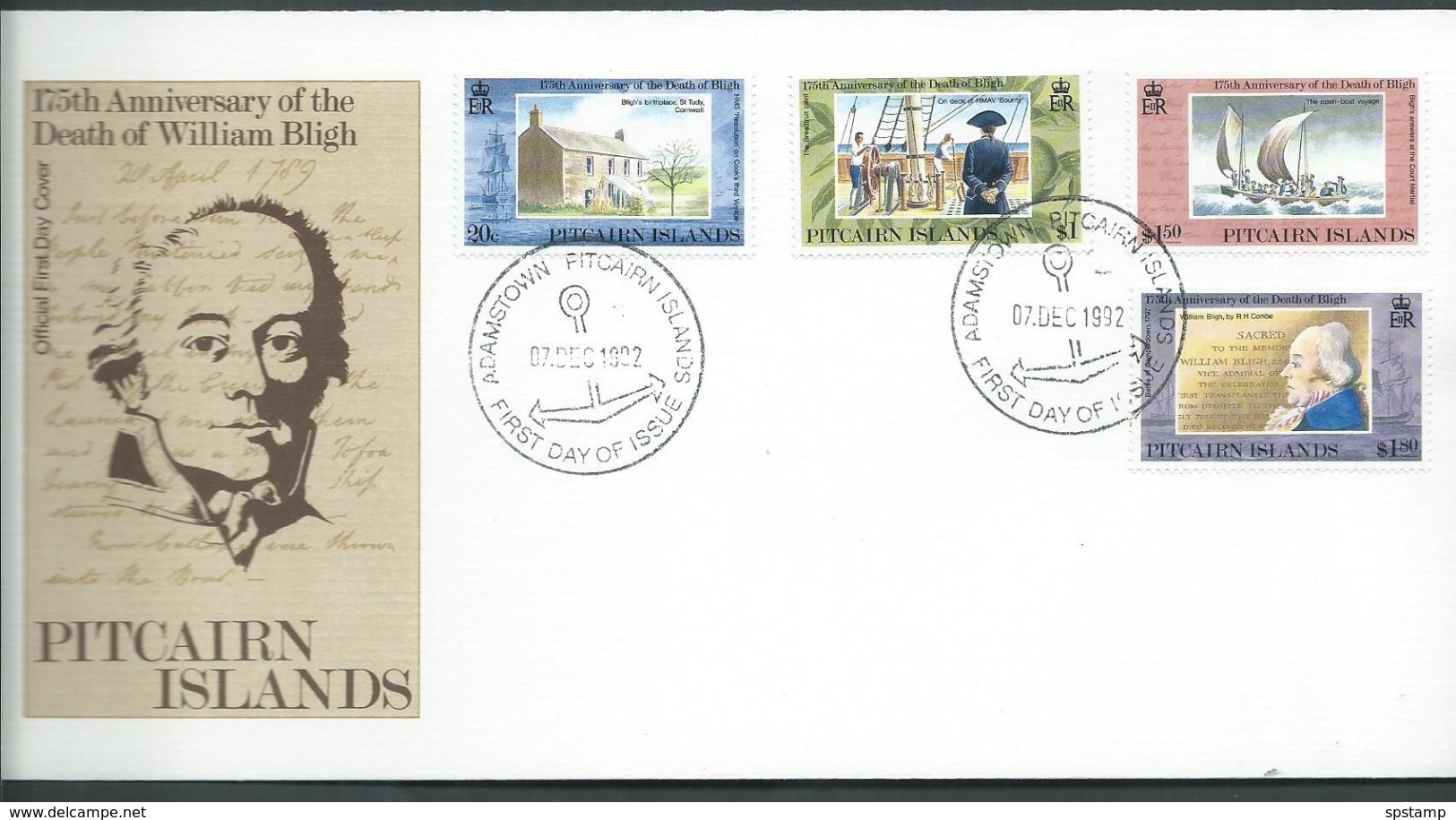 Pitcairn Islands 1992 William Bligh Anniversary Set Of 4 On FDC Official Unaddressed - Islas De Pitcairn