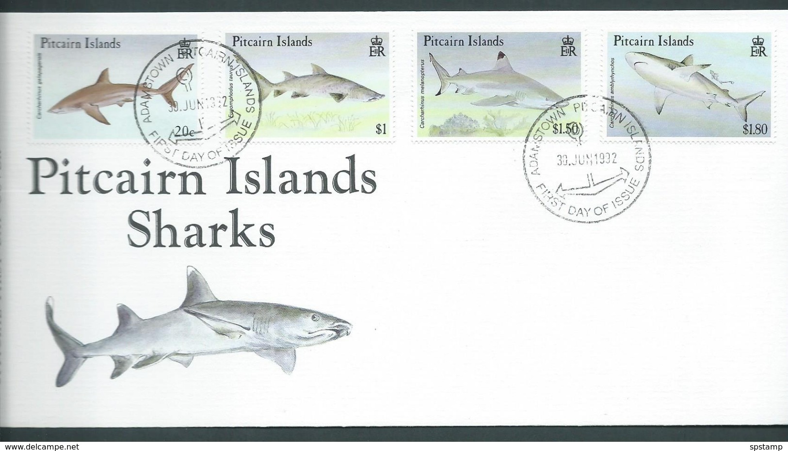 Pitcairn Islands 1992 Sharks Set Of 4 On FDC Official Unaddressed - Pitcairn Islands