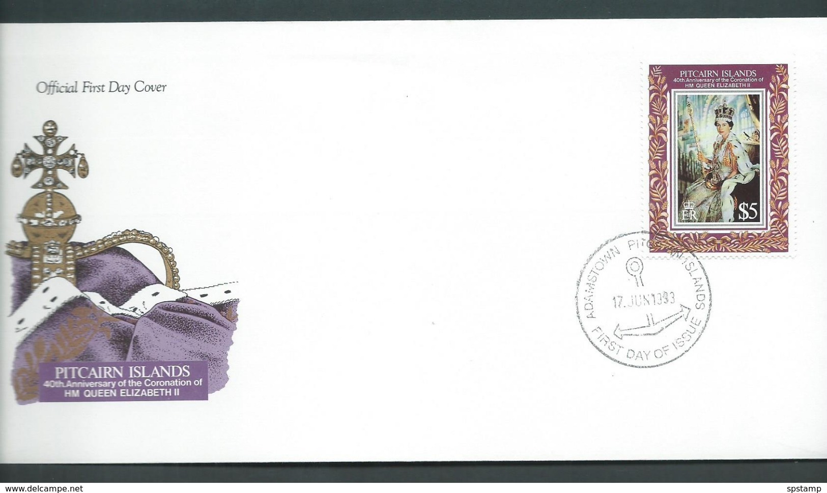 Pitcairn Islands 1993 QEII Coronation Anniversary $5 Single On FDC Official Unaddressed - Pitcairn Islands