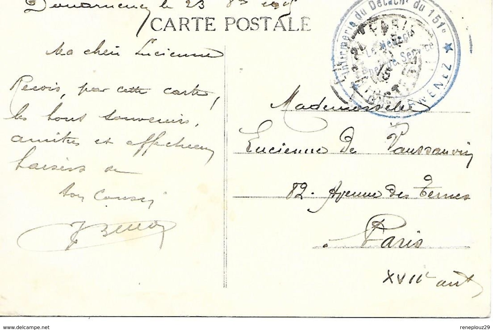 29-cachet Infirmerie Du Détachement Du 151e à Douarnenez Sur CP En 1915 - Guerre De 1914-18