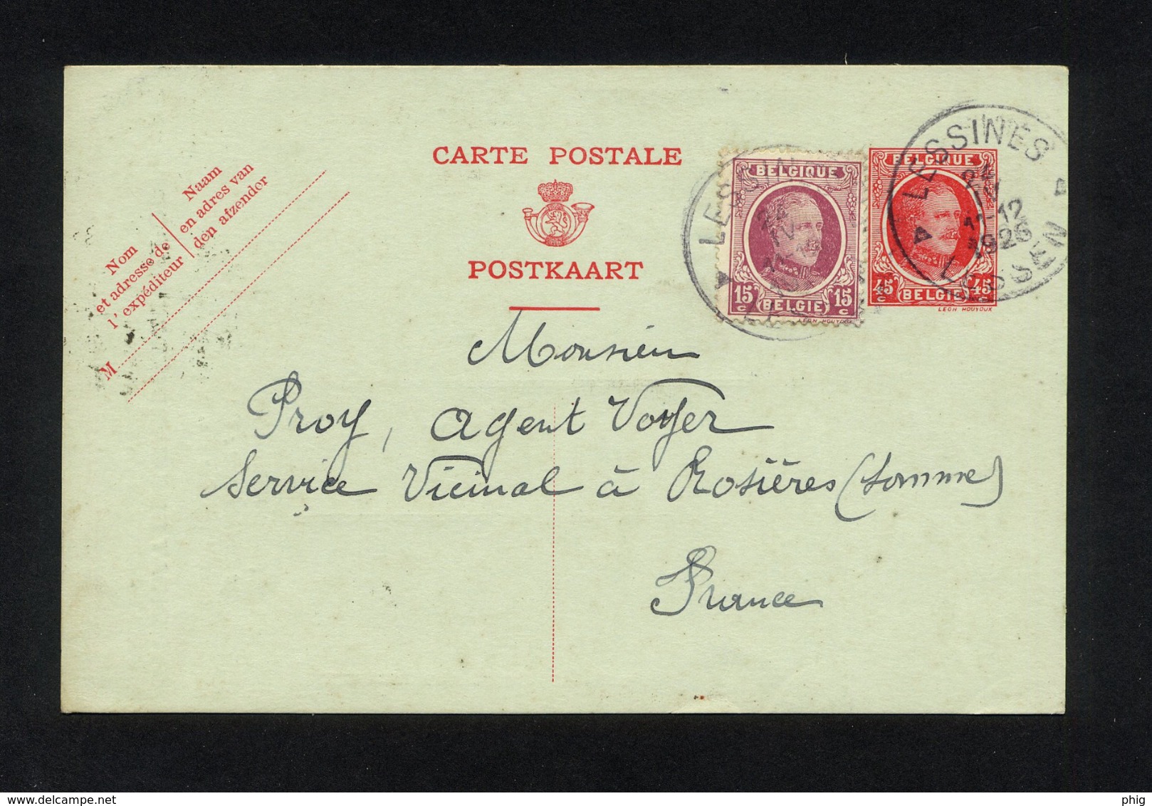 "ENTIER CARTE POSTALE COMMERCIALE POUR EXPEDITION DE LESSINES(BELGIQUE) VERS ROSIERES (FRANCE)"CACHET DU 24/04/1926 - Autres & Non Classés