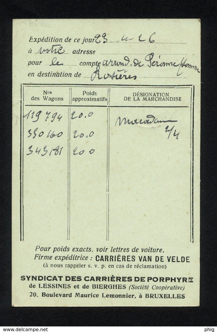 "ENTIER CARTE POSTALE COMMERCIALE POUR EXPEDITION DE LESSINES(BELGIQUE) VERS ROSIERES (FRANCE)"CACHET DU 24/04/1926 - Other & Unclassified