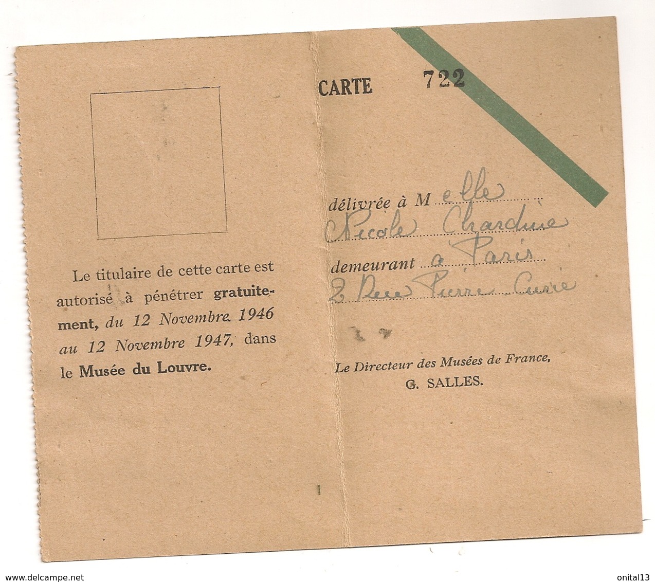 1946 1947 CARTE AUDITEUR LIBRE  ECOLE DU LOUVRE  B812 - Documents Historiques