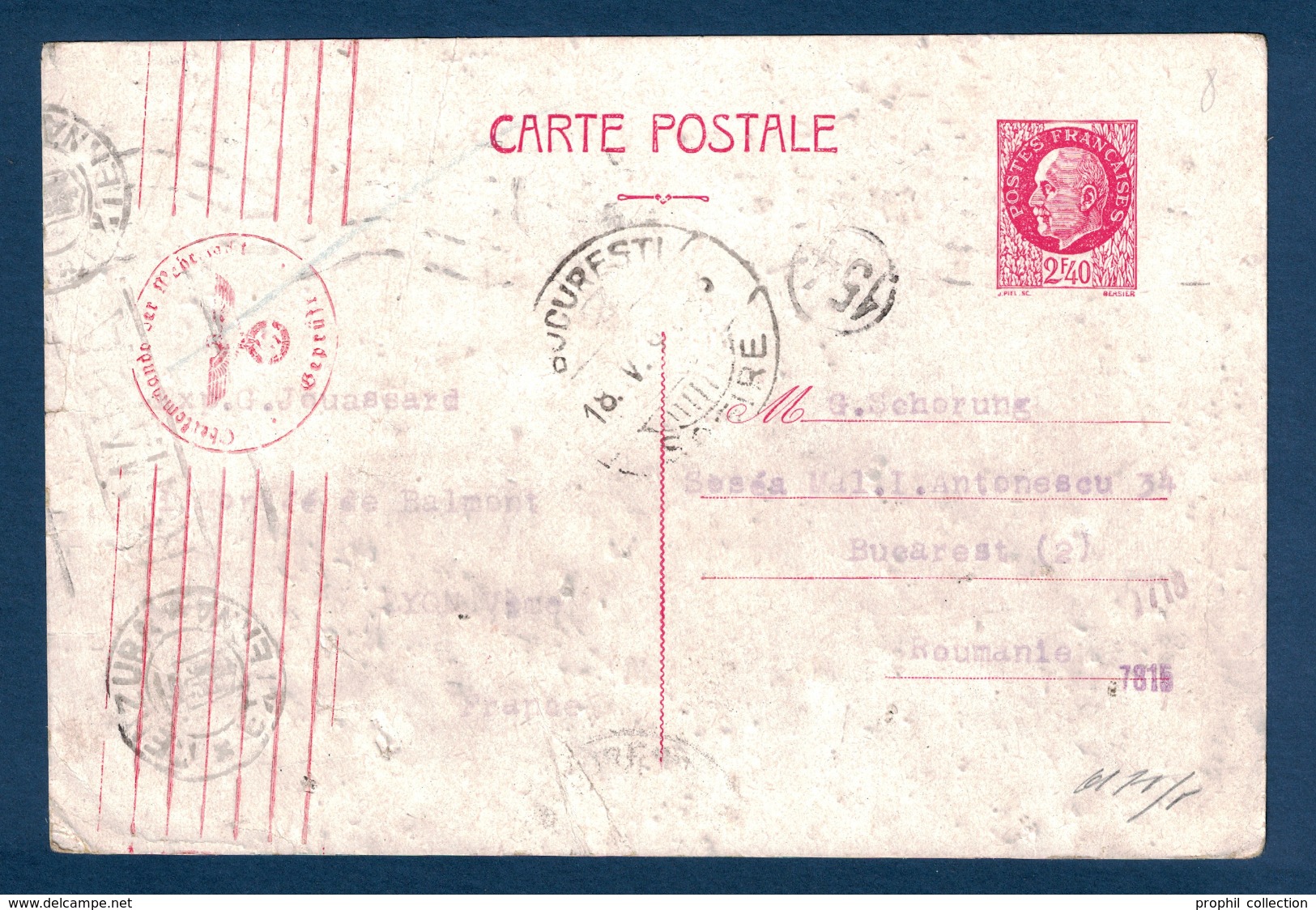 ENTIER CARTE POSTALE PÉTAIN 2F40 Pour BUCAREST ROUMANIE Avec MARQUES DE CENSURE (ÉTAT) CENZURA EXTERNA WW2 1944 - Guerre De 1939-45