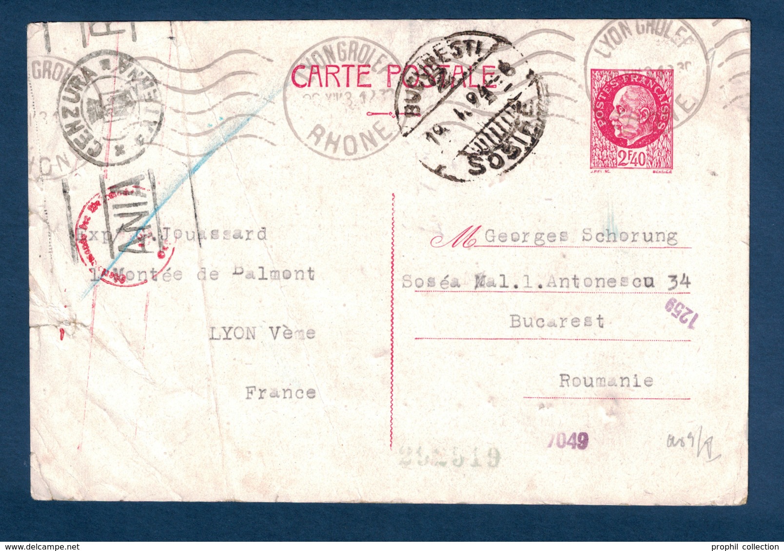 ENTIER CARTE POSTALE PÉTAIN 2F40 Pour BUCAREST ROUMANIE Avec MARQUES DE CENSURE (ÉTAT) CENZURA EXTERNA WW2 1943 - Guerre De 1939-45