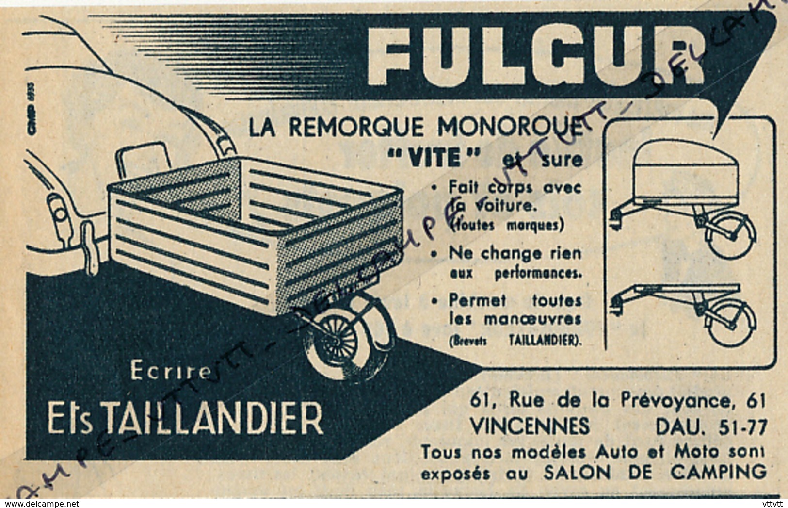 Ancienne Publicité (1954) : FULGUR, La Remorque Monoroue, Ets Taillandier, Vincennes - Publicités