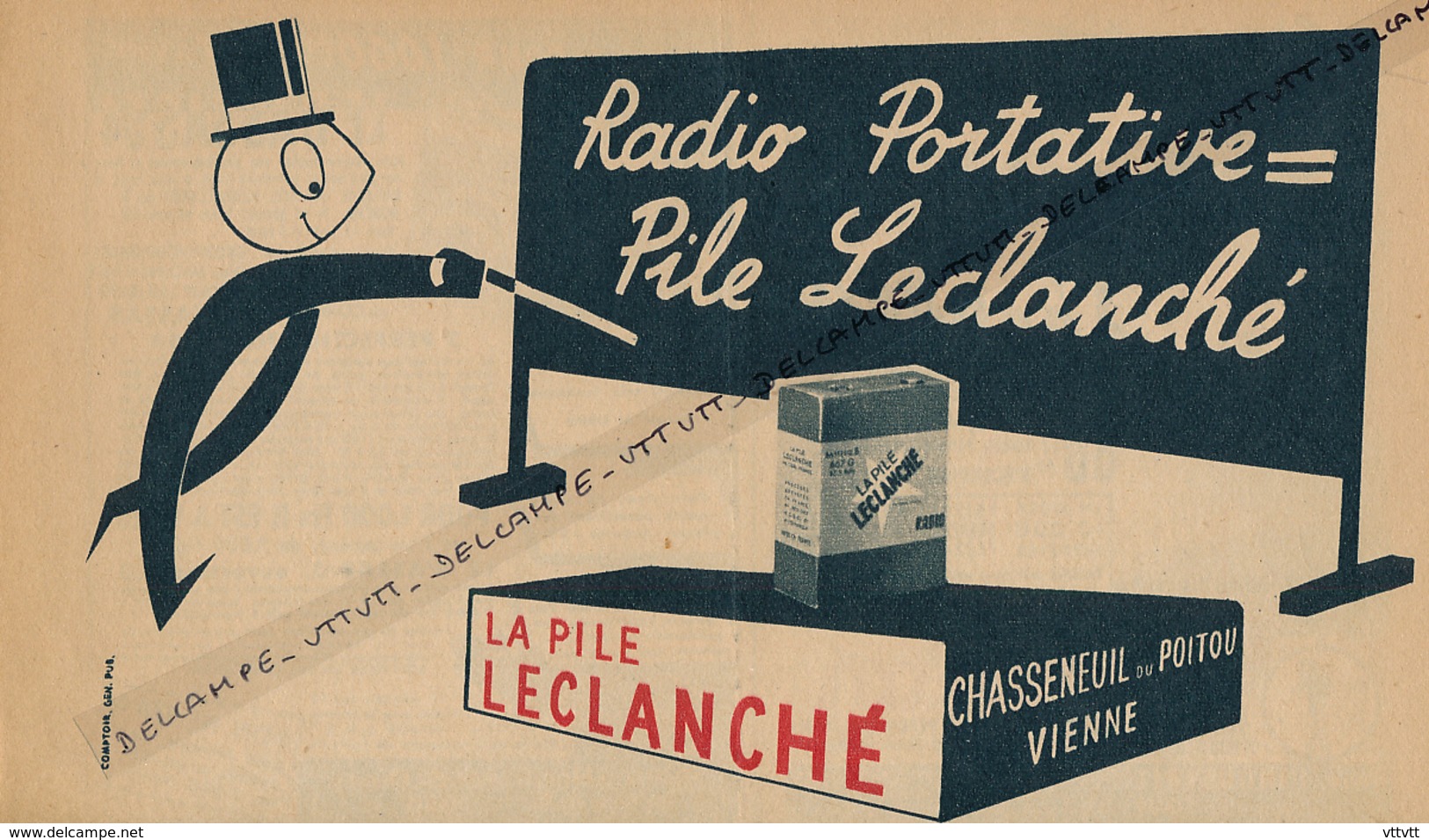 Ancienne Publicité (1954) : PILE LECLANCHE Pour Radio Portative, Chasseneuil-du-Poitou (Vienne) - Publicités