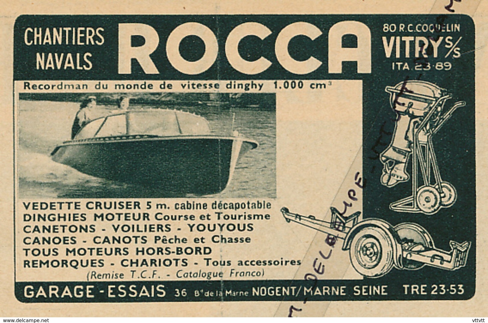 Ancienne Publicité (1954) : ROCCA, Dinghies, Canetons, Voiliers, Youyous, Canoé, Vitry-sur-Seine, Nogent-sur-Marne... - Publicités