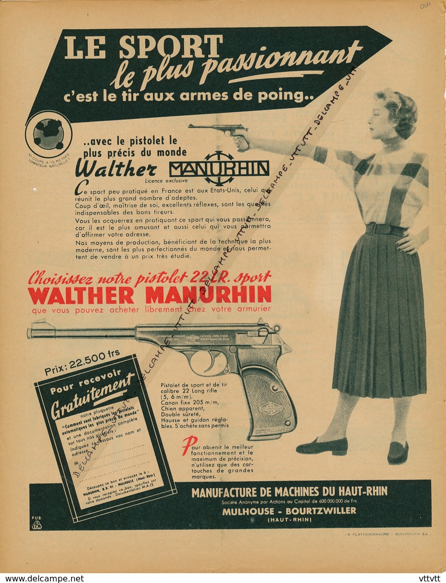 Ancienne Publicité (1954) : WALTHER MANURHIN, Le Pistolet 22.L Le Plus Précis Au Monde, Mulhuuse, Bourtzwiller - Publicités