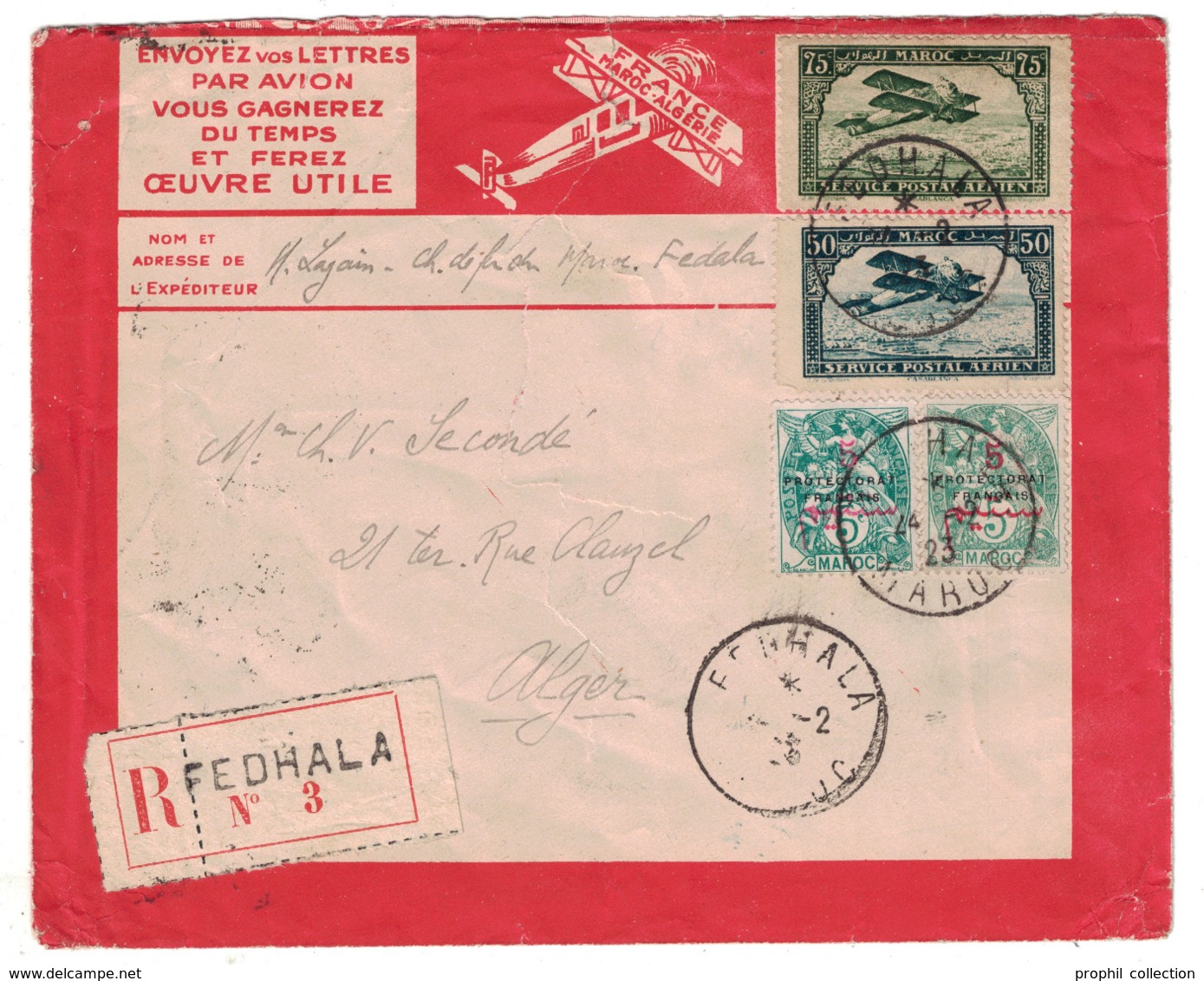 1923 - ENVELOPPE LATECOERE RECOMMANDÉE De FEDHALA MAROC Pour ALGER ALGERIE Avec AFFRANCHISSEMENT COMPOSÉ BLANC AERIEN - Covers & Documents