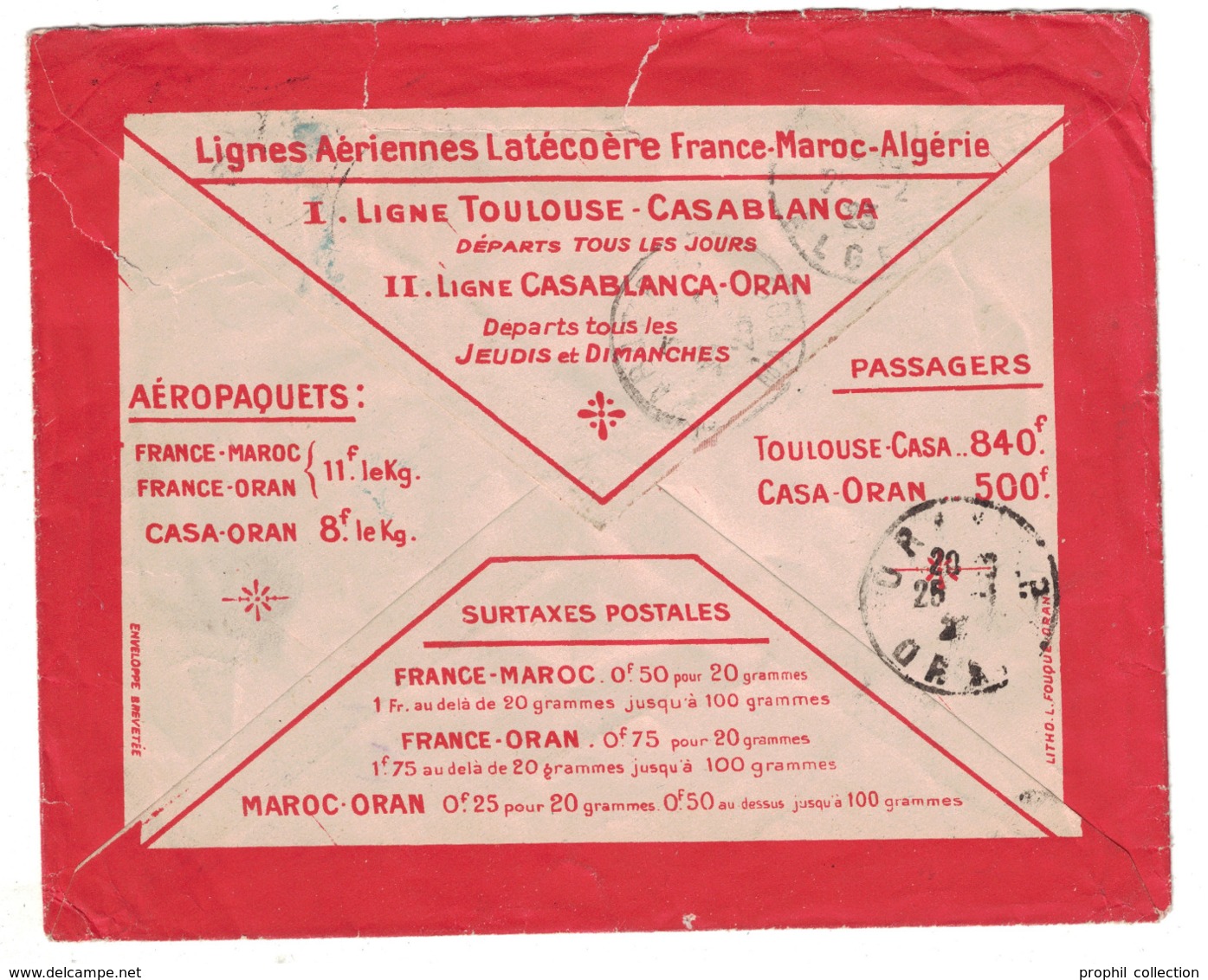 1923 - ENVELOPPE LATECOERE RECOMMANDÉE De FEDHALA MAROC Pour ALGER ALGERIE Avec AFFRANCHISSEMENT COMPOSÉ BLANC AERIEN - Covers & Documents