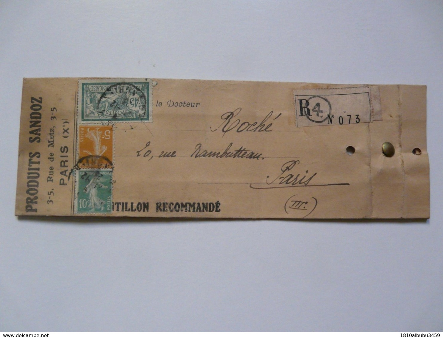 TIMBRES SUR LETTRE ECHANTILLON RECOMMANDE ( Produits SANDOZ) - 45 C Type Merson Et 5 Et 10 C Semeuse Fond Plein - Lettres & Documents