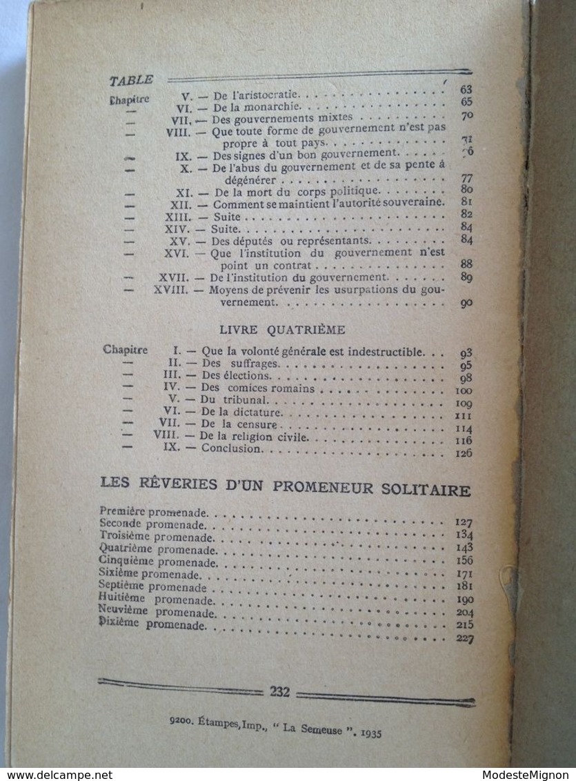 Du contrat social Suivi des Rêveries d'un promeneur solitaire de Jean-Jacques Rousseau. 1935