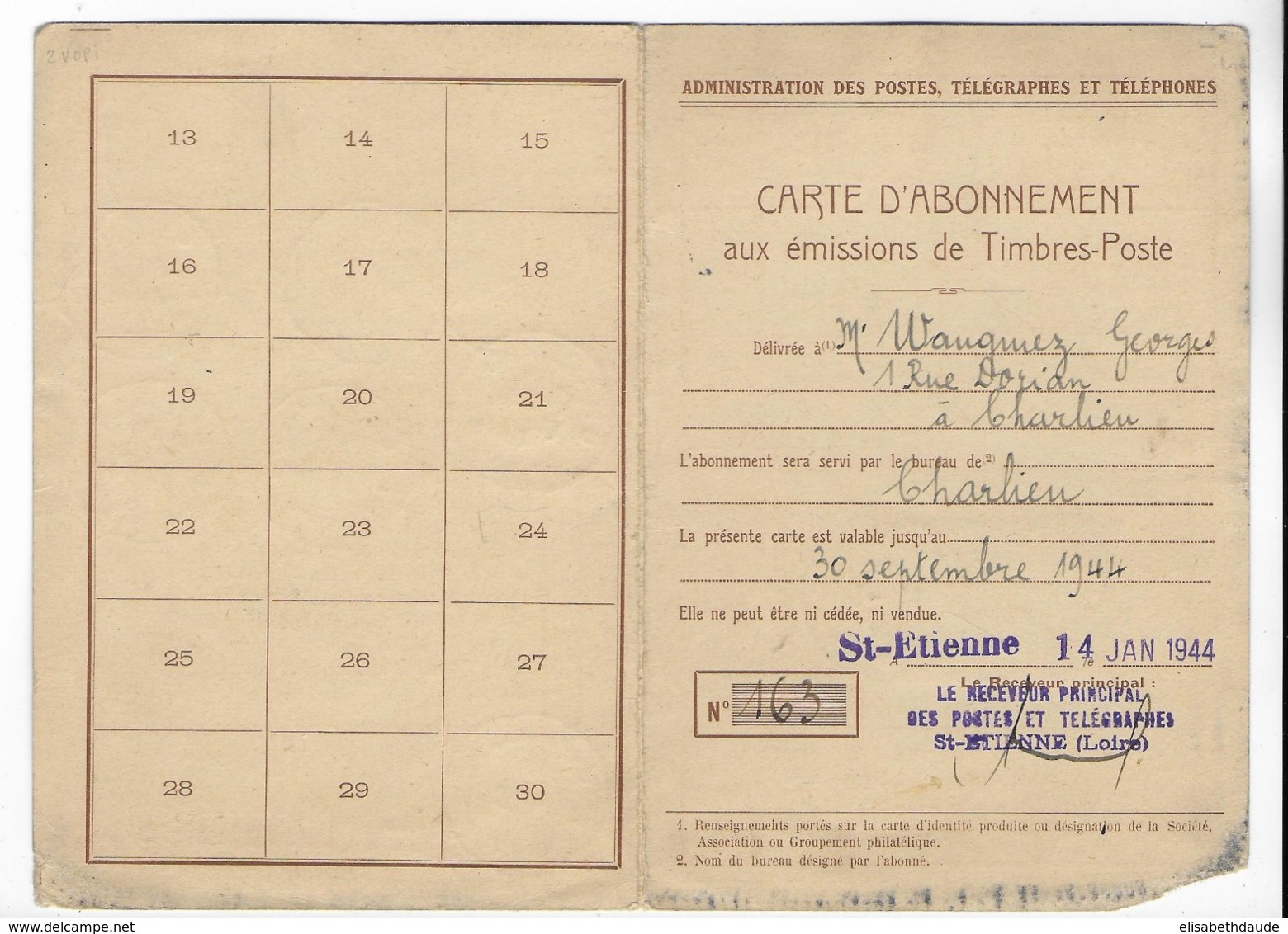 1944 - YVERT N°525 PETAIN SEUL Sur CARTE D'ABONNEMENT De ST ETIENNE (LOIRE) - COTE MAURY = 100 EUROS - 1941-42 Pétain