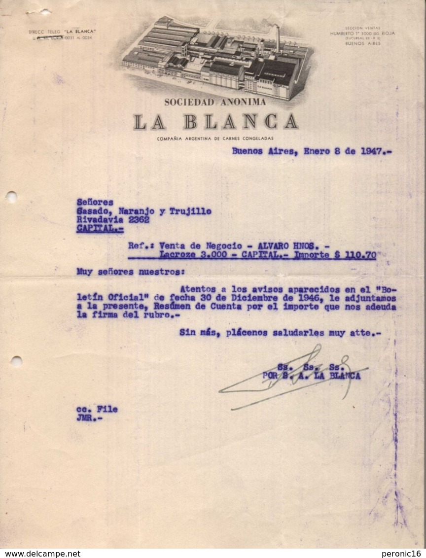 Courrier Société .Anonyme La Blanca, Buenos-Aires, Argentine, 1947. Viandes Congelées - Other & Unclassified