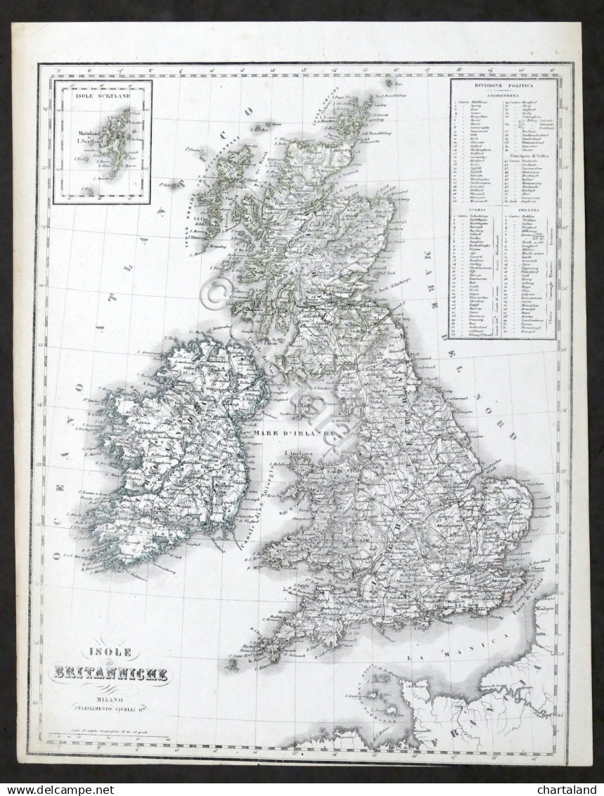 Carta Geografica - Isole Britanniche - Stabilimento Civelli - 1880 Ca. - Altri & Non Classificati