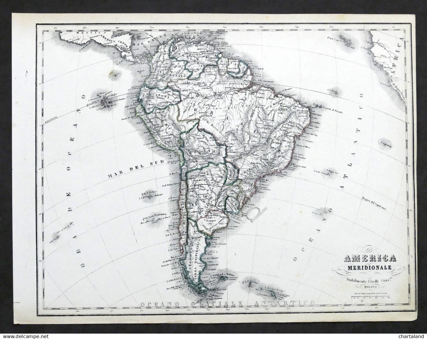 Carta Geografica - America Meridionale - Stabilimento Civelli - 1880 Ca. - Altri & Non Classificati