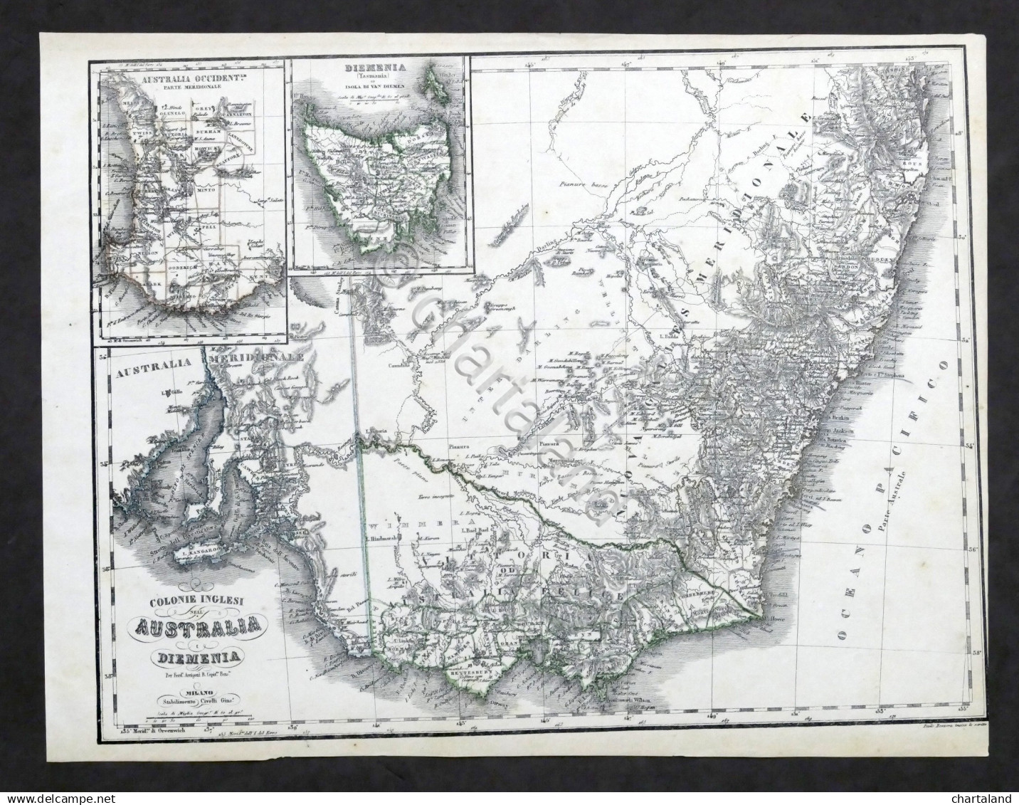 Carta Geografica Colonie Inglesi Nell'Australia - Stabilimento Civelli 1880 Ca. - Altri & Non Classificati