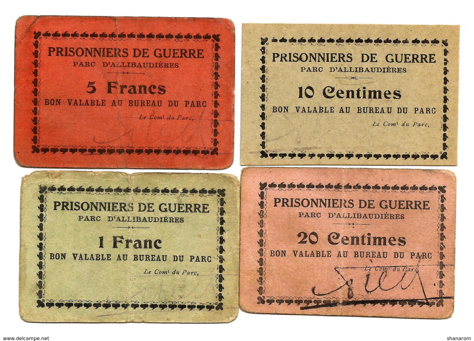 1914-1918 // P.O.W. // Bon De Prisonnier De Guerre // Parc D'ALLIBAUDIERES (Aube) // Bons De 10&20 Cts & 1&5 Francs - Bons & Nécessité