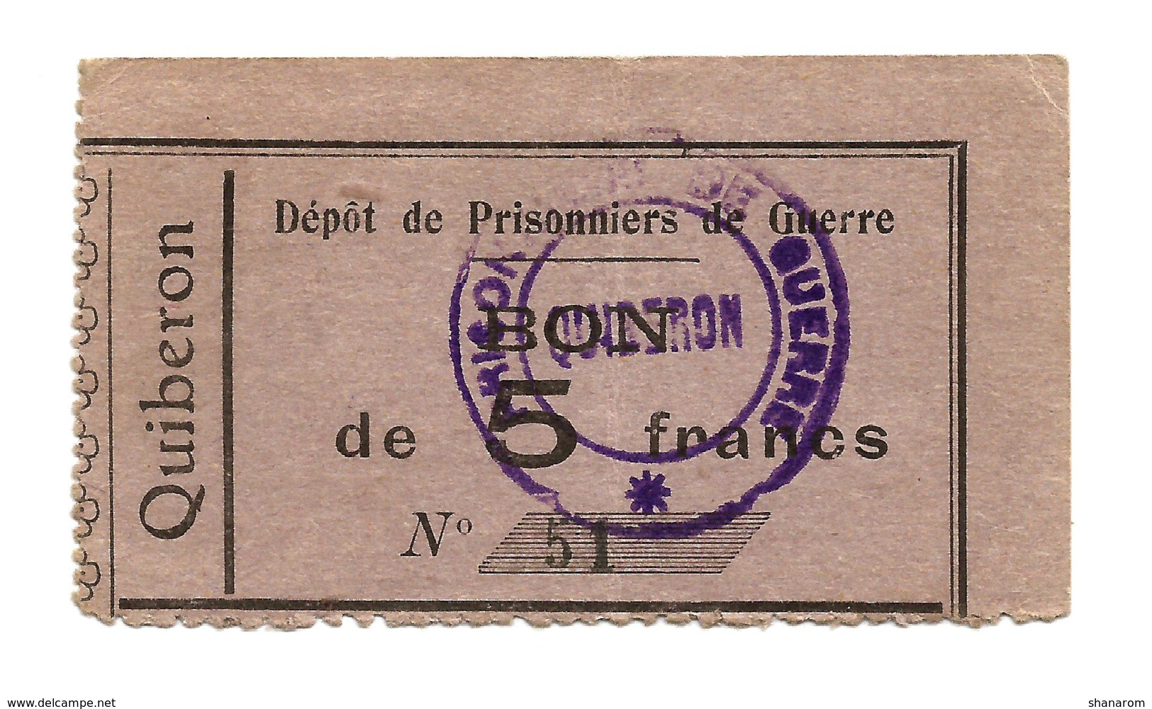 1914-1918 // P.O.W. // Bon De Prisonnier De Guerre // QUIBERON (Morbihan) // Bon De 5 Francs - Bons & Nécessité