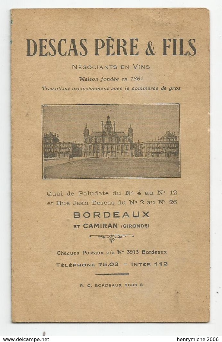 Papier Double Bareme Vins De Descas Père Et Fils Négociants Bordeaux Et Camiran 33 Gironde - 8x12,4 Cm - Cartes De Visite