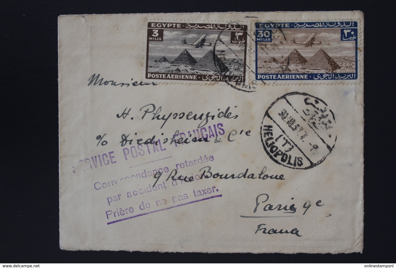 France Airmail Cover Service Postal Francais Retardé Par Accident D' Avion Crashmail  Heliopolis Egypt - Paris 1937 - 1927-1959 Storia Postale