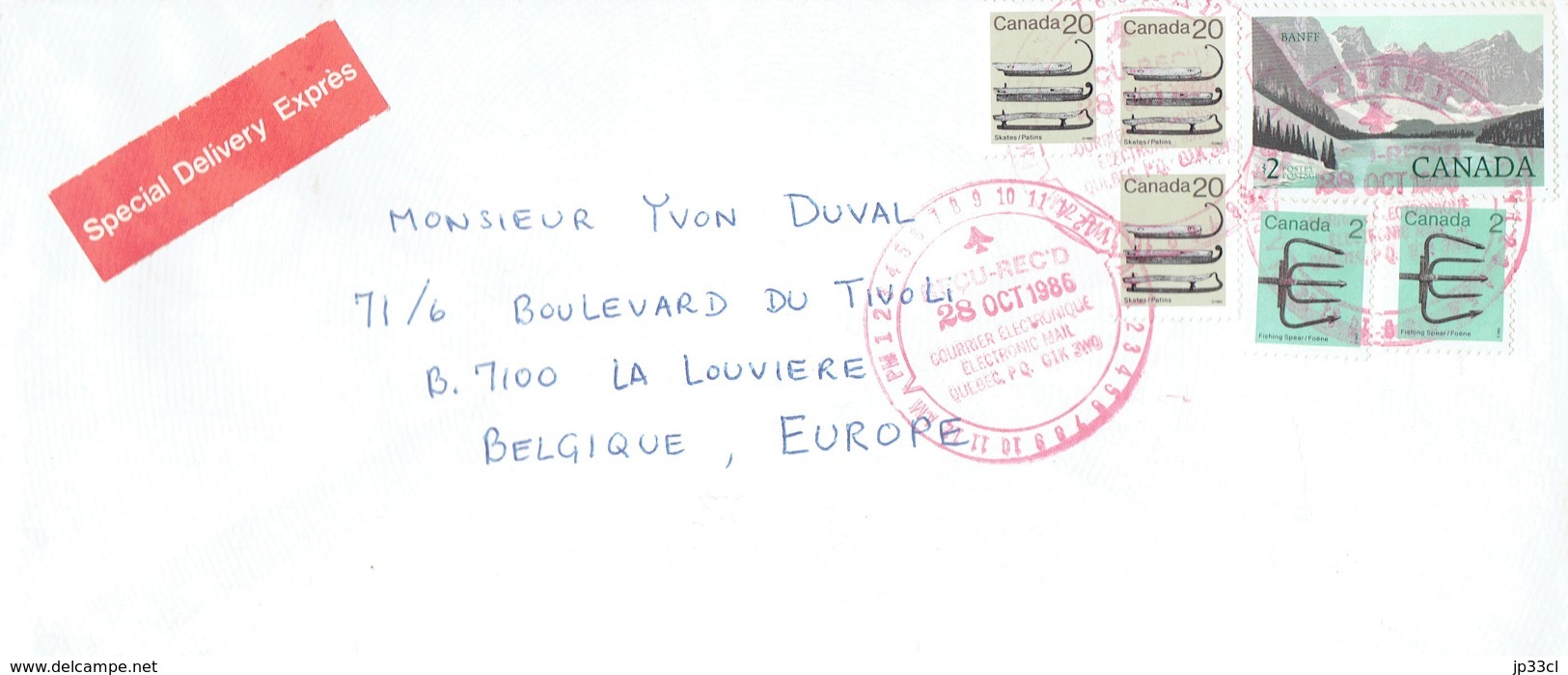 Multi Stamp Special Delivery Exprès Avec Cachet Electronic Mail Du 28 Oct 1986 De Québec Vers La Belgique - Posta Aerea: Espressi