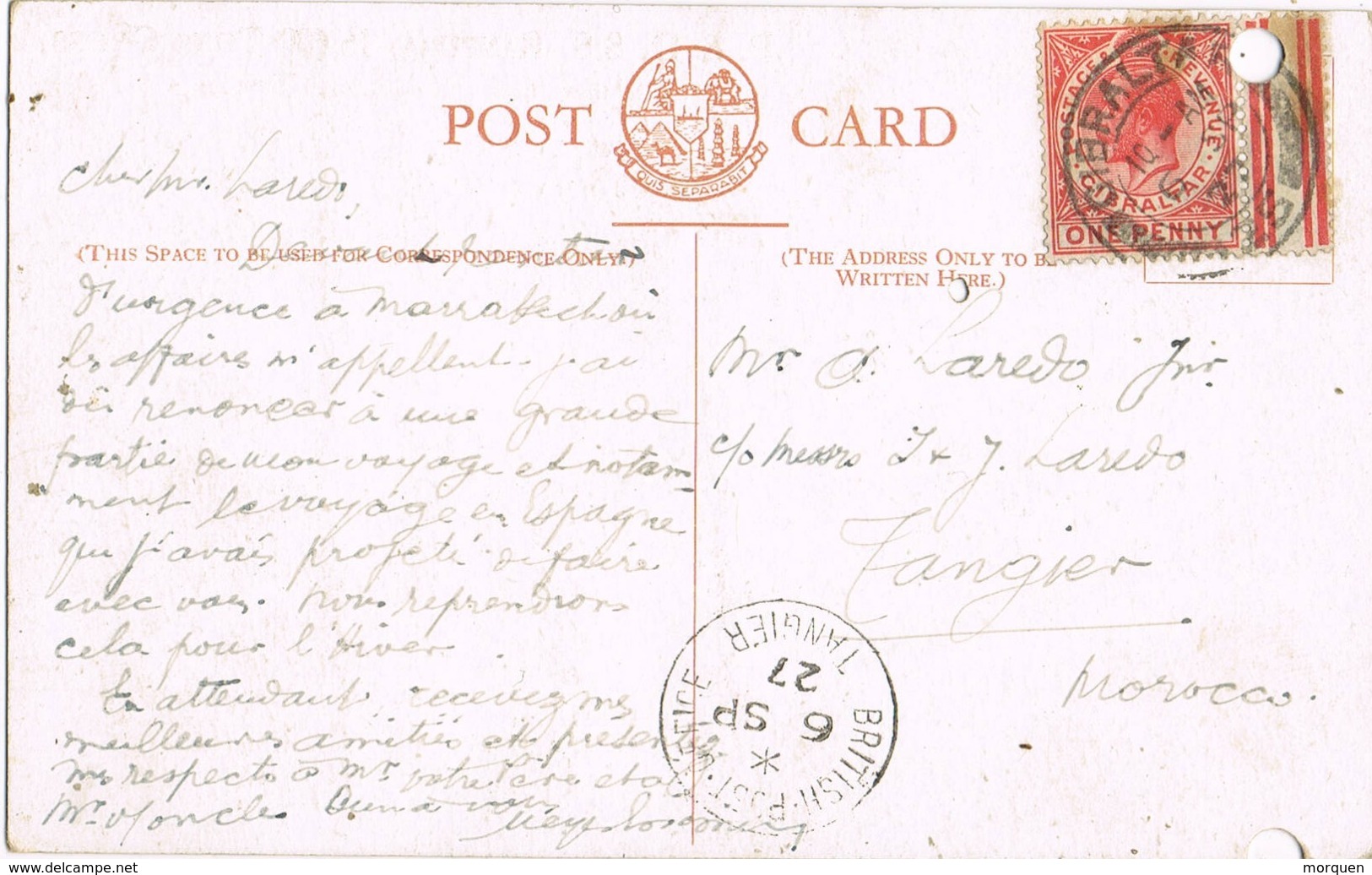 33946. Postal GIBRALTAR 1927 To TANGER, British Post Office. P.O. SS RAMPURA Ship Post India Mail - Gibraltar