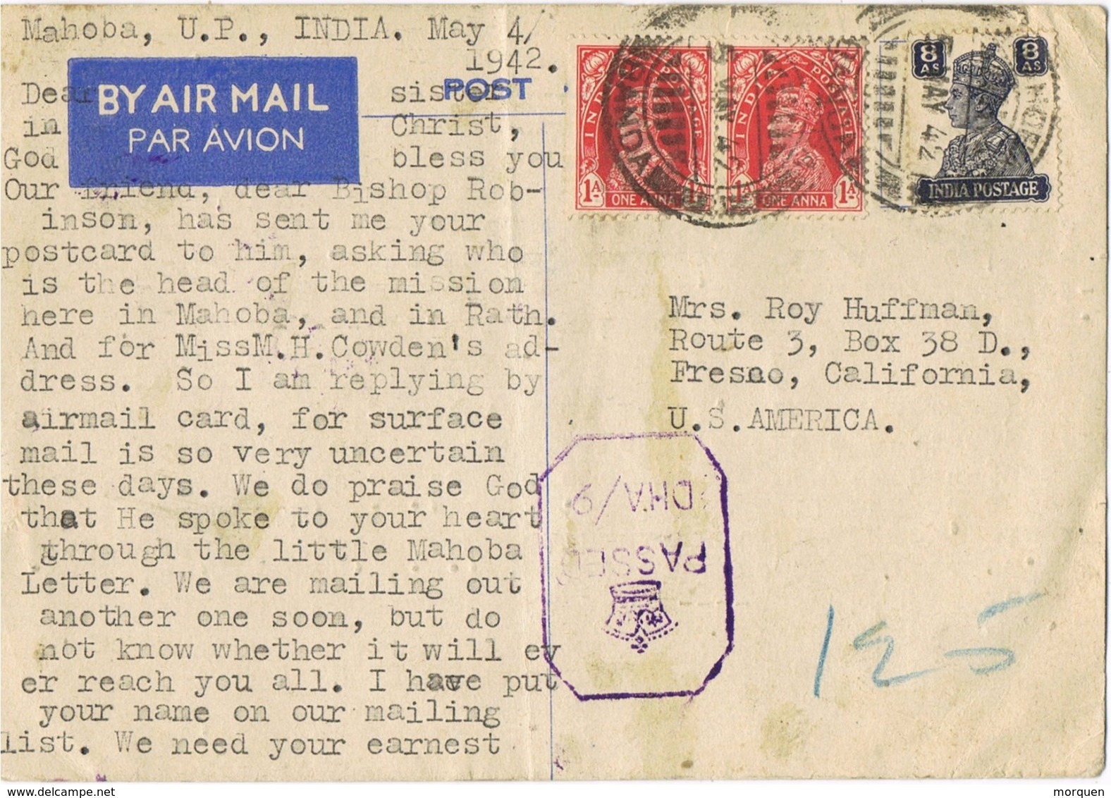 33948. Tarjeta Aerea  MAHOBA (India Inglesa) 1942. CENSURA, Passed DHA/9 - 1936-47 King George VI