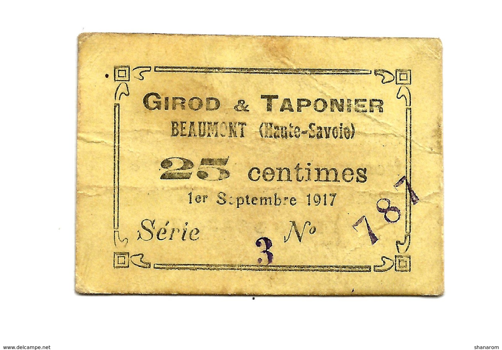 1914 - 1918 // BEAUMONT (Haute Savoie) // GIROD & TAPONIER // Bon Pour 25 Centimes - Bons & Nécessité