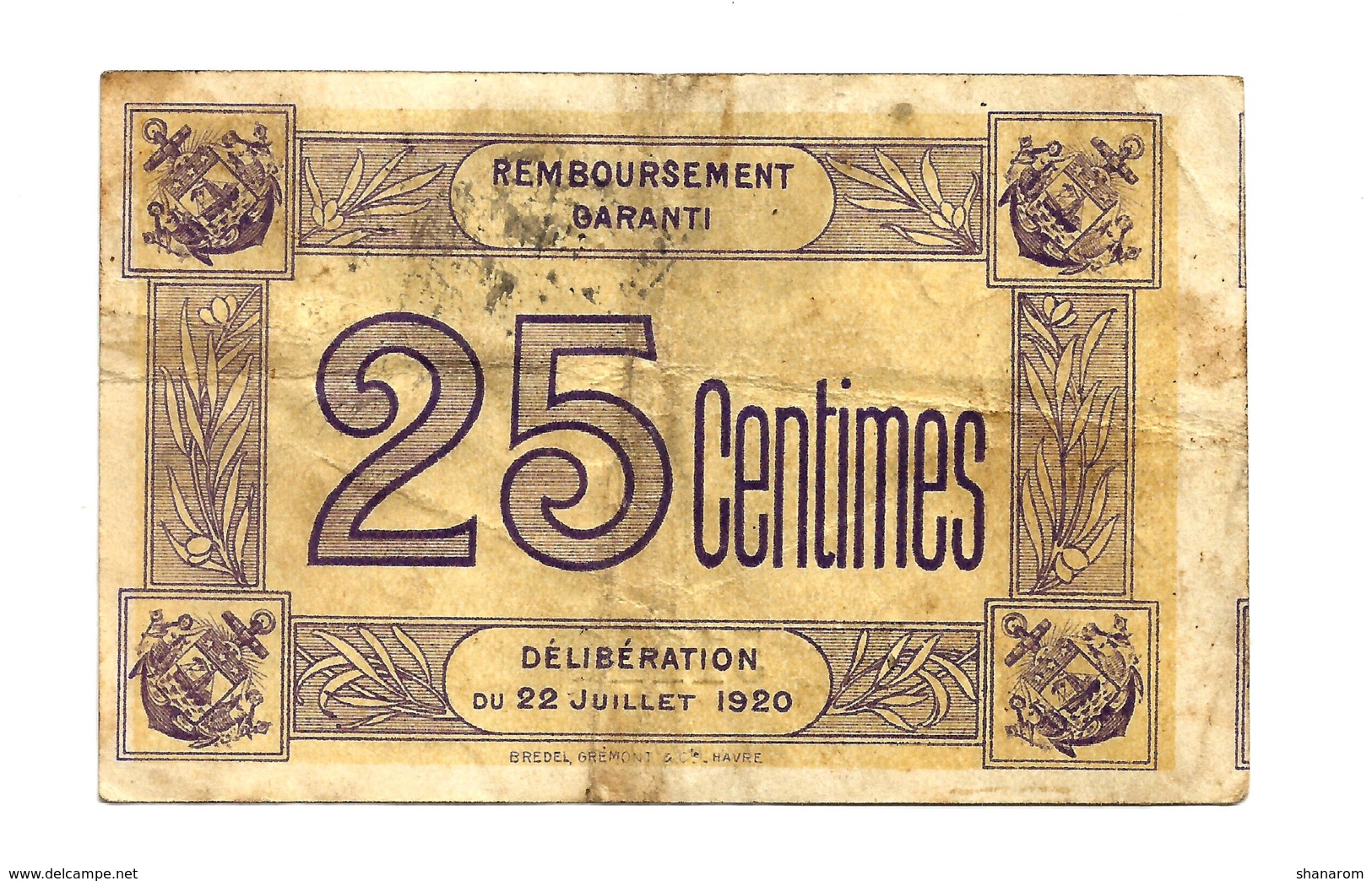 1920 // TROUVILLE-sur-MER // SYNDICAT GENERAL // Ticket D'Achat De 25 Centimes - Bons & Nécessité