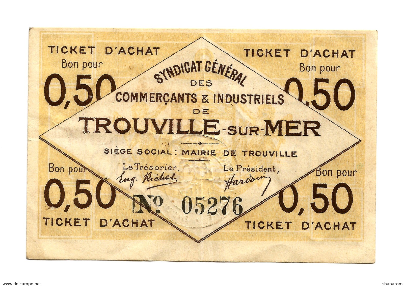 1920 // TROUVILLE-sur-MER // SYNDICAT GENERAL // Ticket D'Achat De 50 Centimes - Bons & Nécessité