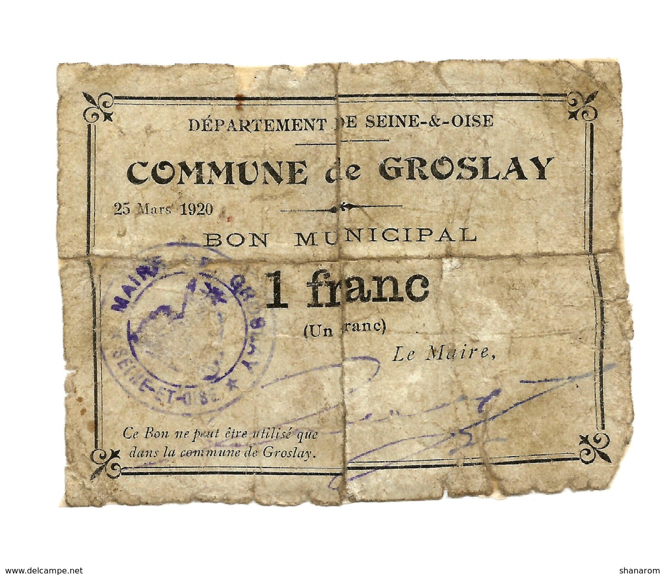 1920 // GROSLAY (Seine-&-Oise) // BON MUNICIPAL De 50 Centimes, 1 & 2 Francs - Bons & Nécessité