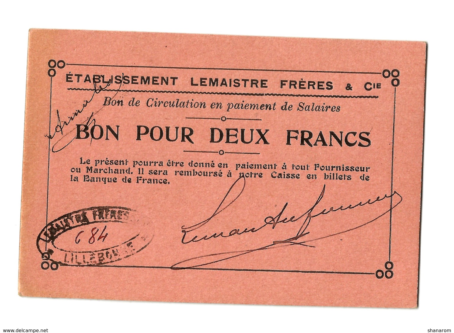 1914 - 1918 // LILLEBONNE (Seine-Maritime) // Etb LEMAISTRE FRERES & Cie // Bon Pour Deux Francs - Bons & Nécessité