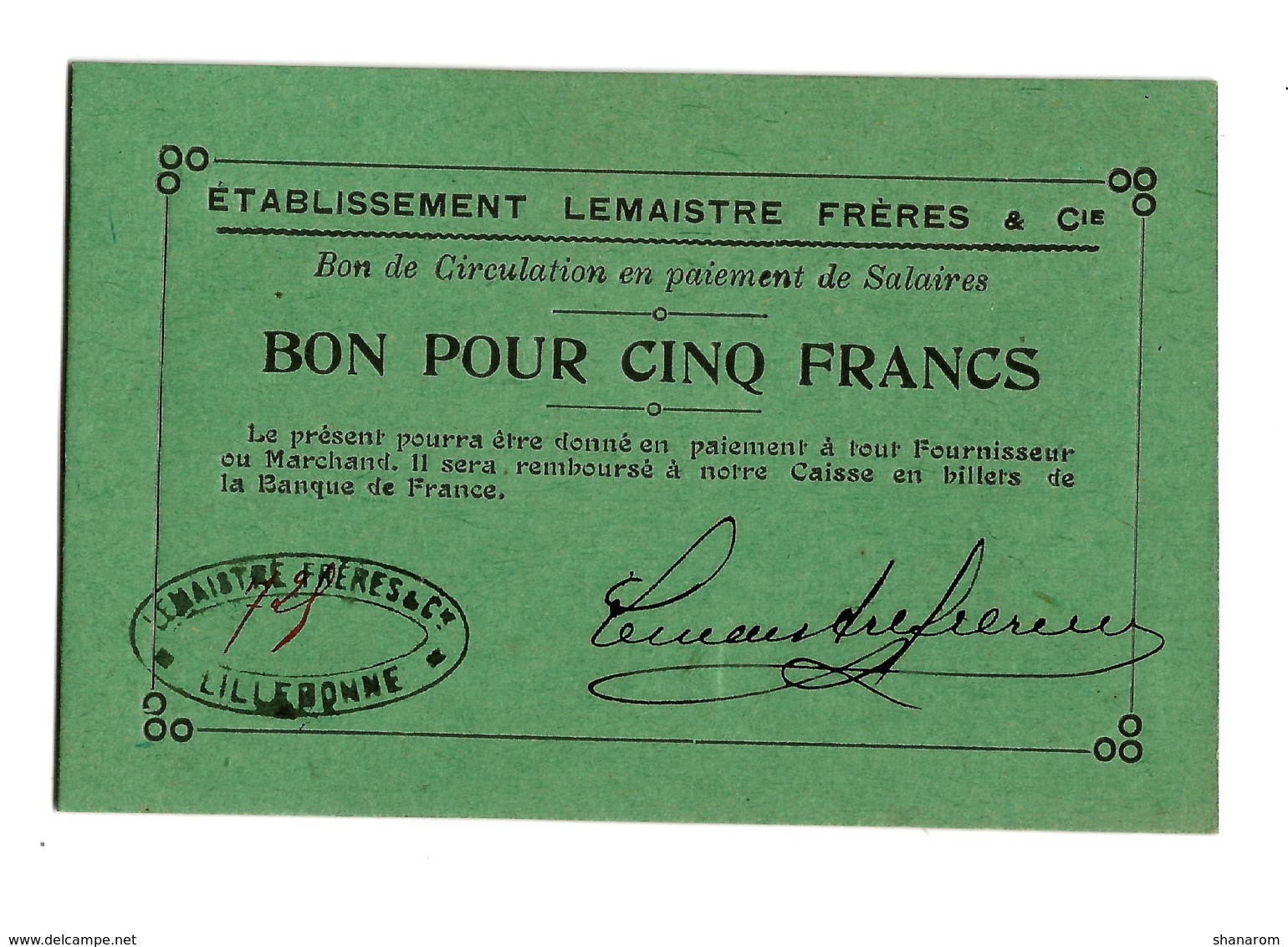 1914 - 1918 // LILLEBONNE (Seine-Maritime) // Etb LEMAISTRE FRERES & Cie // Bon Pour Cinq Francs - Bons & Nécessité