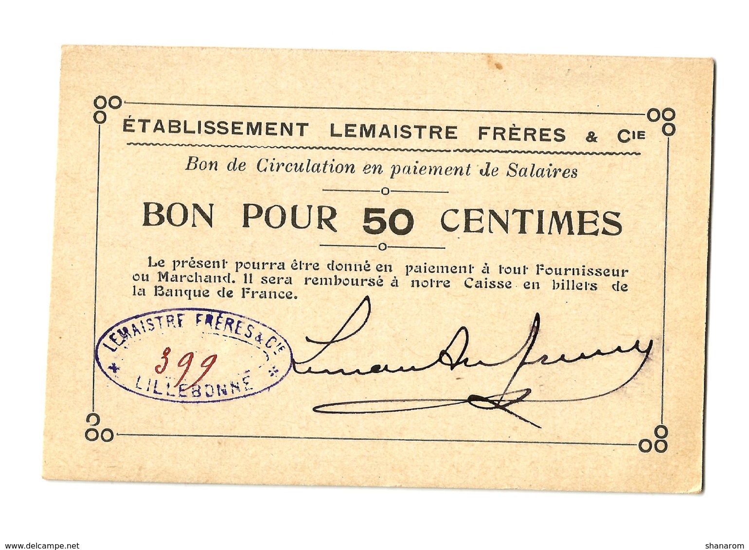 1914 - 1918 // LILLEBONNE (Seine-Maritime) // Etb LEMAISTRE FRERES & Cie // Bon Pour Cinquante Centimes - Bons & Nécessité