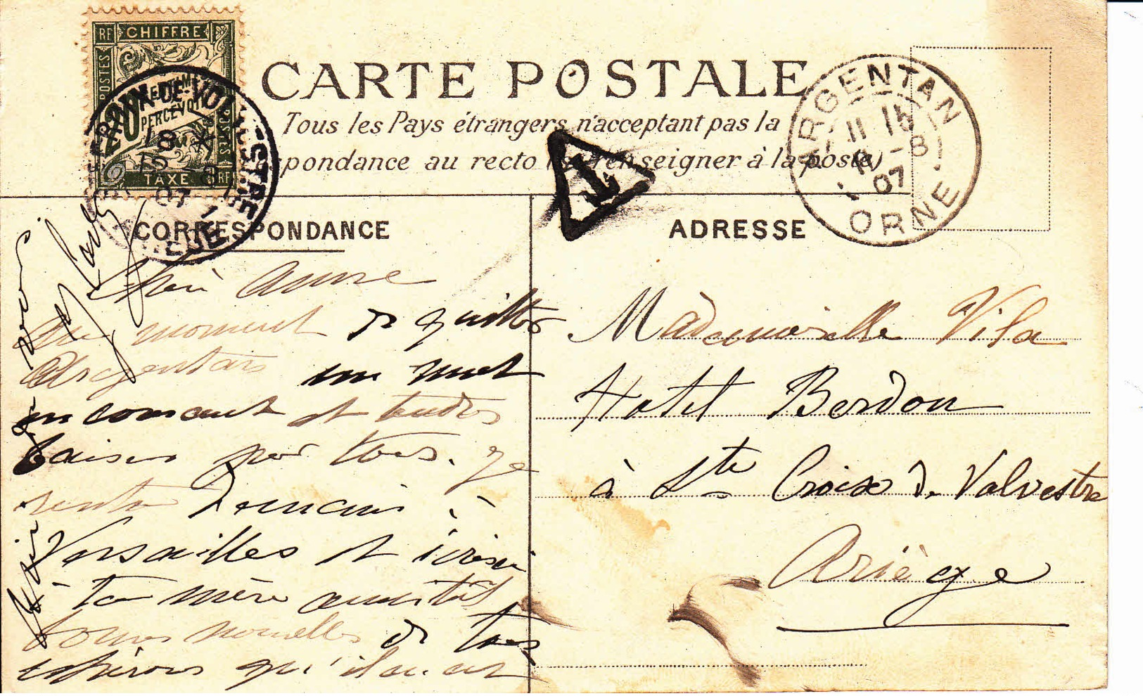 FRANCE - 1907 - Carte Postale Taxée D'Argentan - 1859-1959 Storia Postale