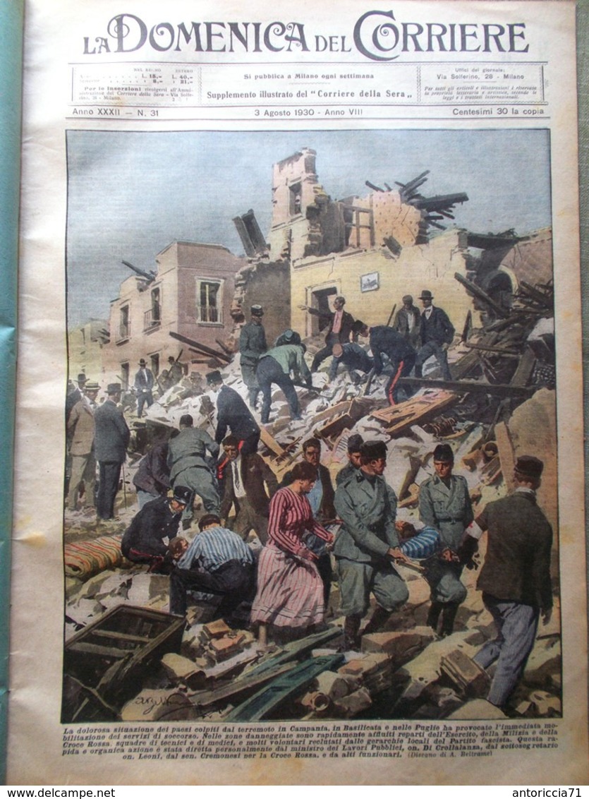 La Domenica Del Corriere 3 Agosto 1930 Terremoto Irpina Vulture Bruneri Canella - Altri & Non Classificati