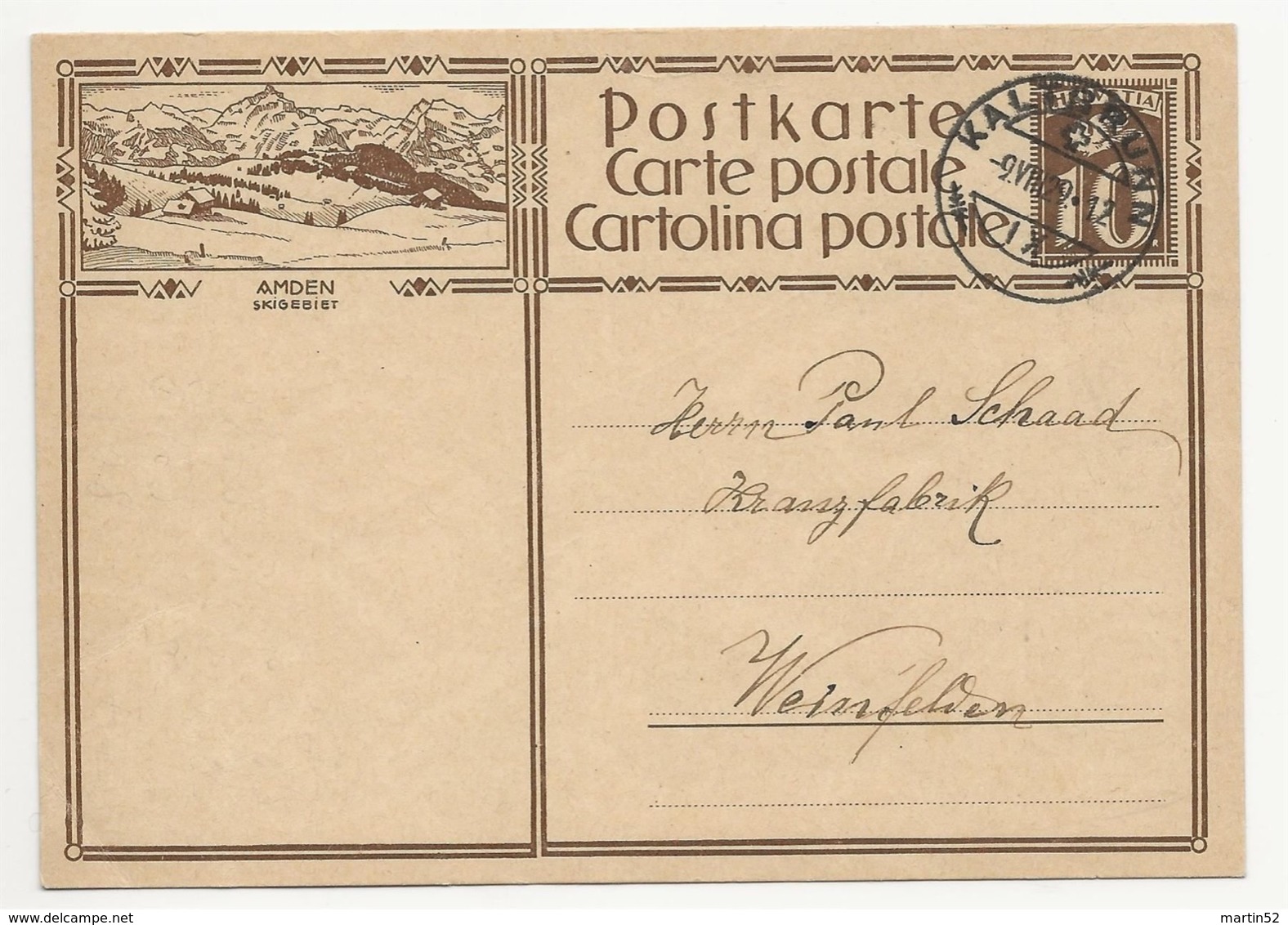 Schweiz Suisse 1929: Bild-PK CPI "AMDEN - SKIGEBIET" Mit Stempel KALTBRUNN 9.VIII.29 Nach Weinfelden - Interi Postali