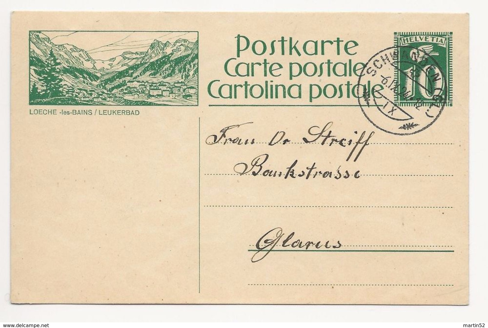Schweiz Suisse 1924: Bild-PK CPI "LOECHE-les-BAINS / LEUKERBAD" Mit Stempel SCHWANDEN (GL) 6.IX.24 Nach Glarus - Stamped Stationery