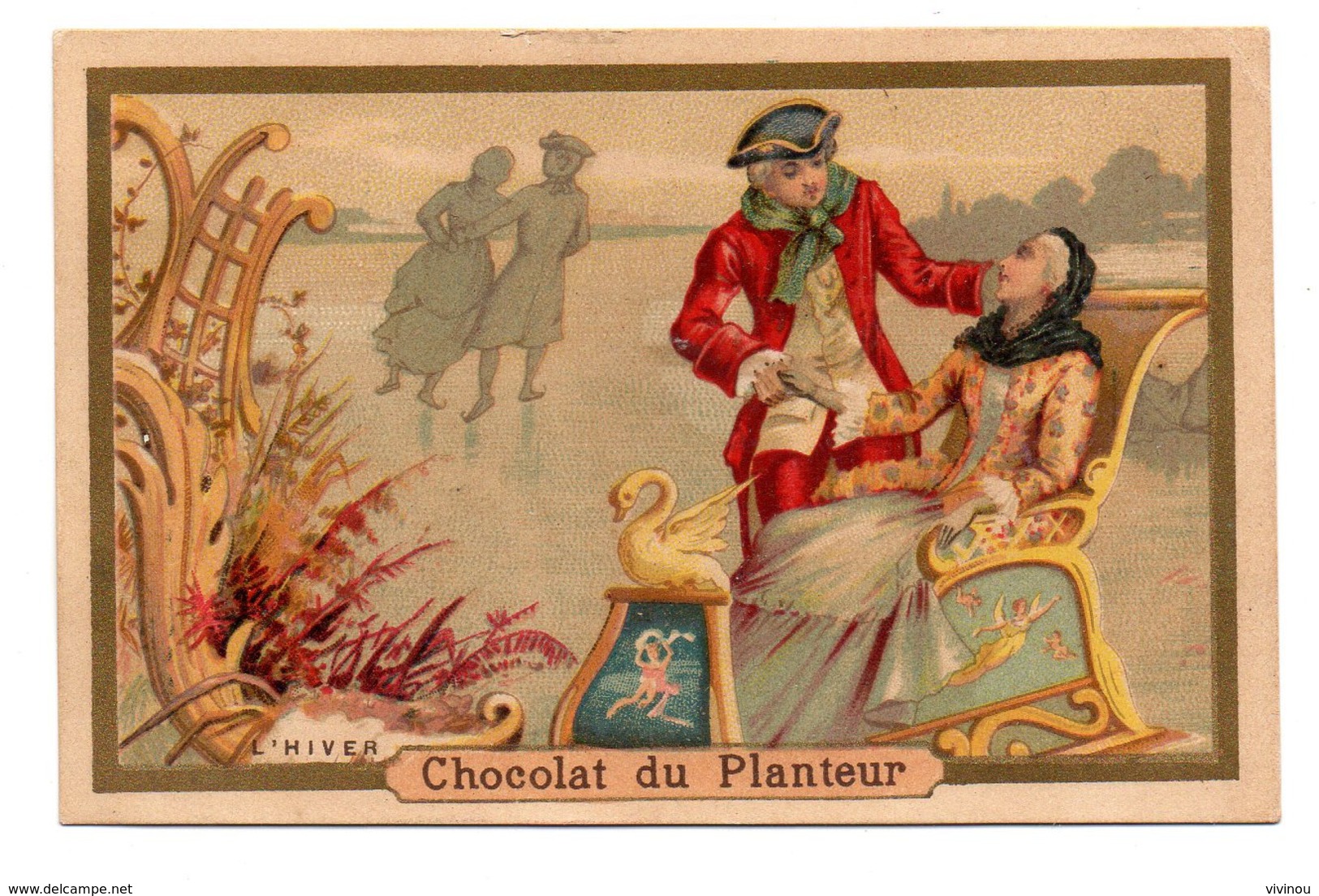 Chromo Chocolat Du Planteur L'Hiver Couple Scène Romantique Luge Traineau Glace Patin Costume XVIIème  Lith Vieillemard - Sonstige & Ohne Zuordnung