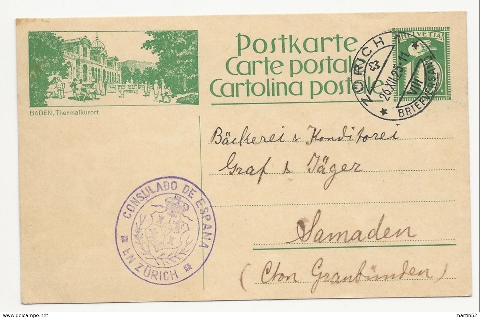 Schweiz Suisse 1925: Bild-PK CPI "BADEN, Thermalkurort" Mit Stempel ZÜRICH 26.XII.25 Nach Samaden - Postwaardestukken