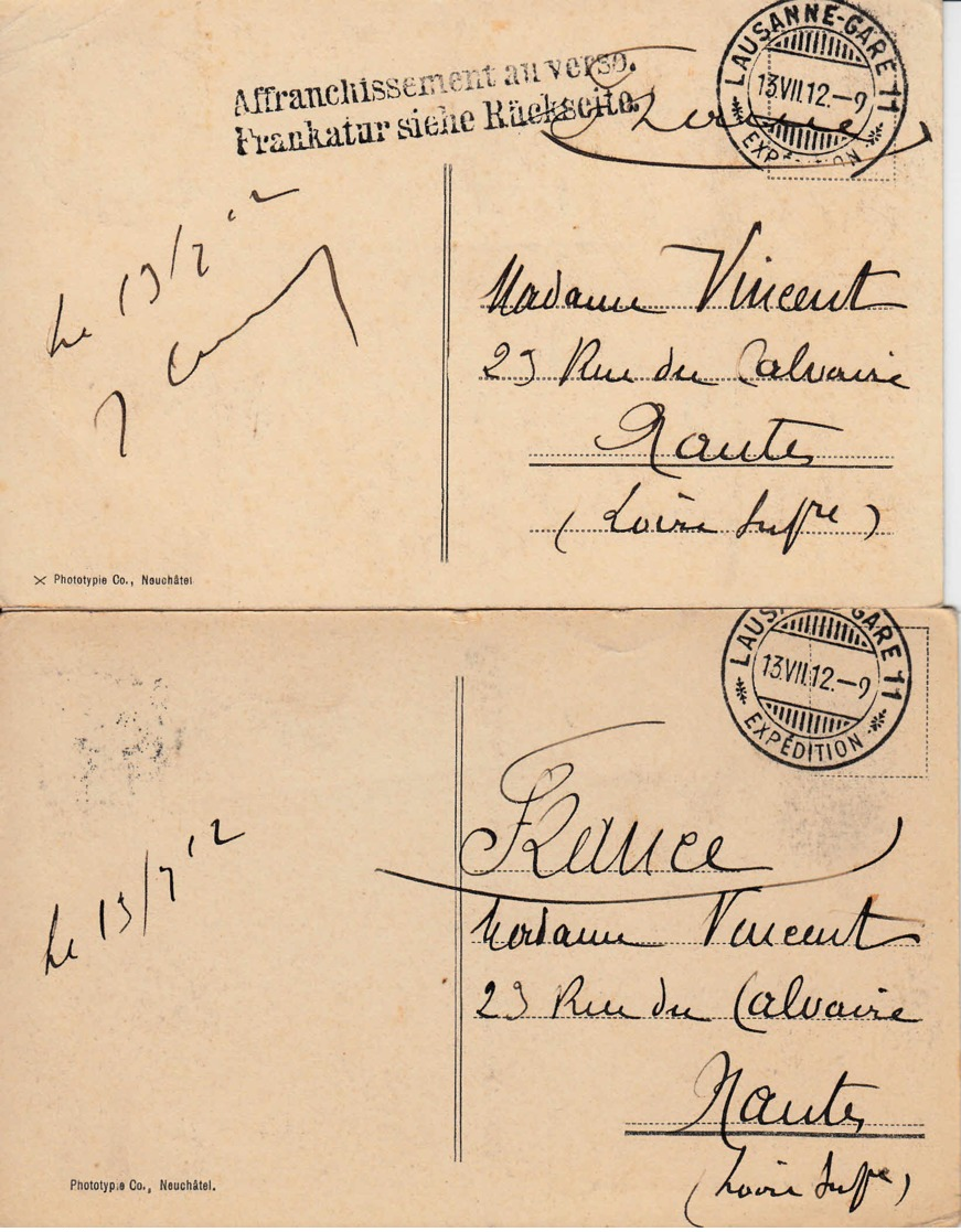 SUISSE - 1912 - Lot De 2 Cartes Postales De Lausanne-gare Pour Nantes - Lettres & Documents