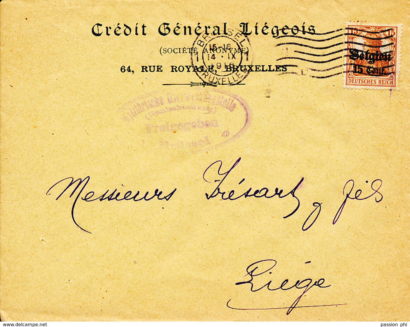 BELGIUM  WW1 COVER FROM BRUSSELS TO LIEGE - OC1/25 General Government