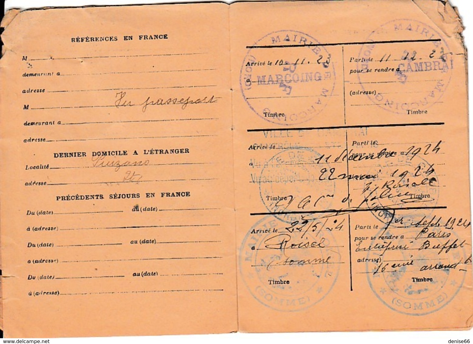 1923 - CARTE D’IDENTITÉ Pour Un ETRANGER ITALIEN -  MARCOING (59) - Documenti Storici