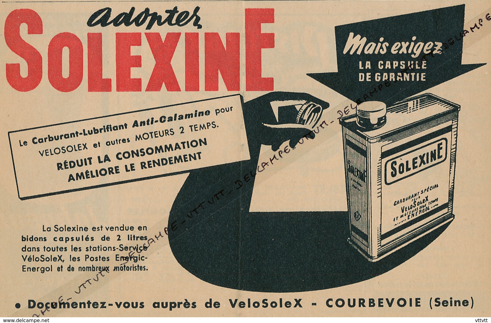 Ancienne Publicite (1954) : Adopter SOLEXINE (Rouge), Carburant Velosolex, Courbevoie - Publicités